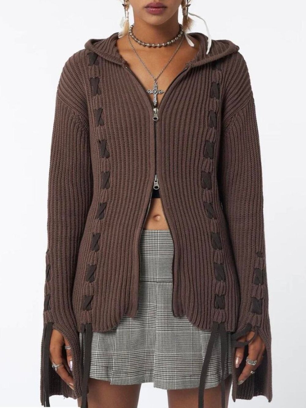Minga London Nixie Brown Lace Up Zip Hoodie Cardigan